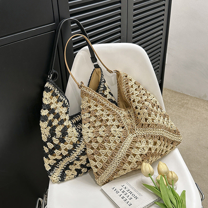 Shoulder Bag Women's Fashion Handmade Straw Woven Hollow Contrast Color Weave Shoulder Bag