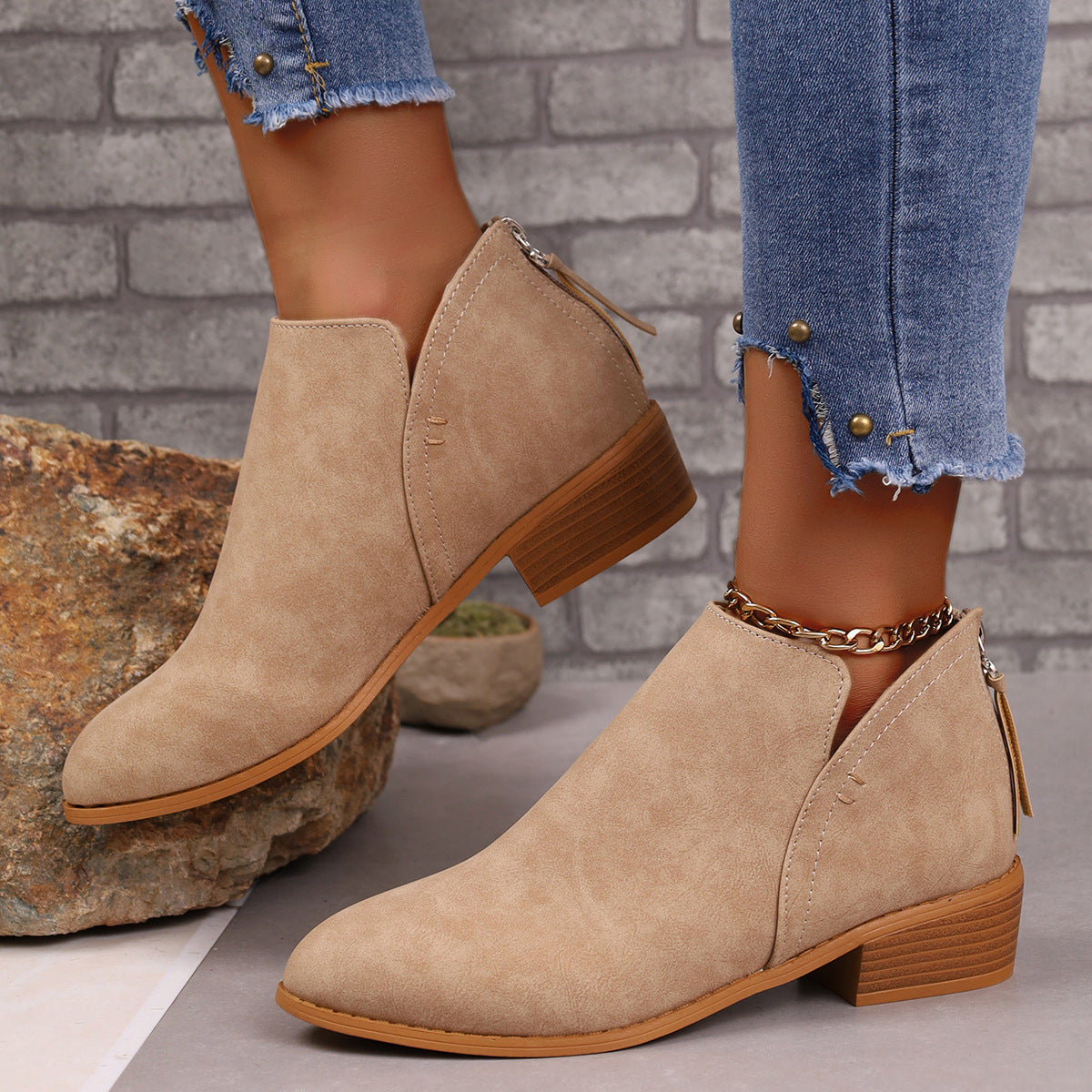 Short Boots For Women Chunky Heel Pointed Toe Ankle Boots With V-cut Design Fashion Fall Winter Short Boots For Women Shoes