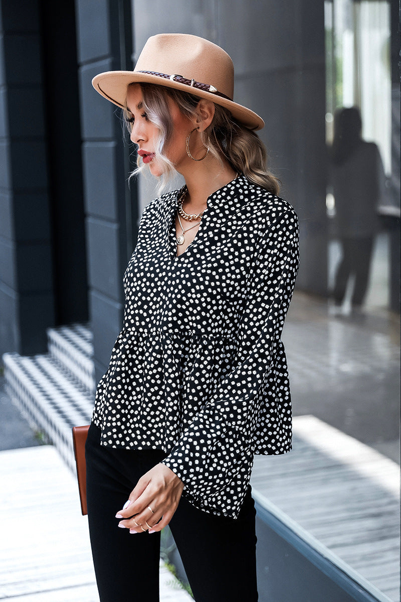 Women's Fashion V Neck Polka Dot Long Sleeve Shirt Elegant Top