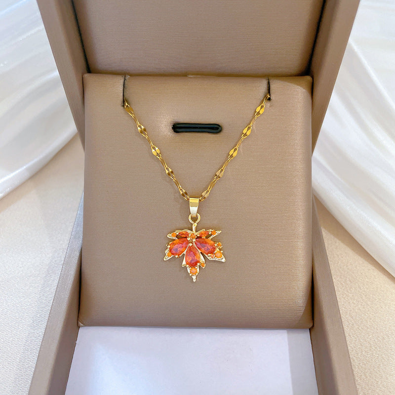 Steel Necklace Red Maple Leaf Light Chain Titanium