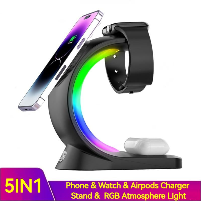 Wireless Charger 4 In 1 Magnetic Wireless Charger Fast Charging For Smart Phone Atmosphere Light Charging Station For Airpods Pro I-phone Watch