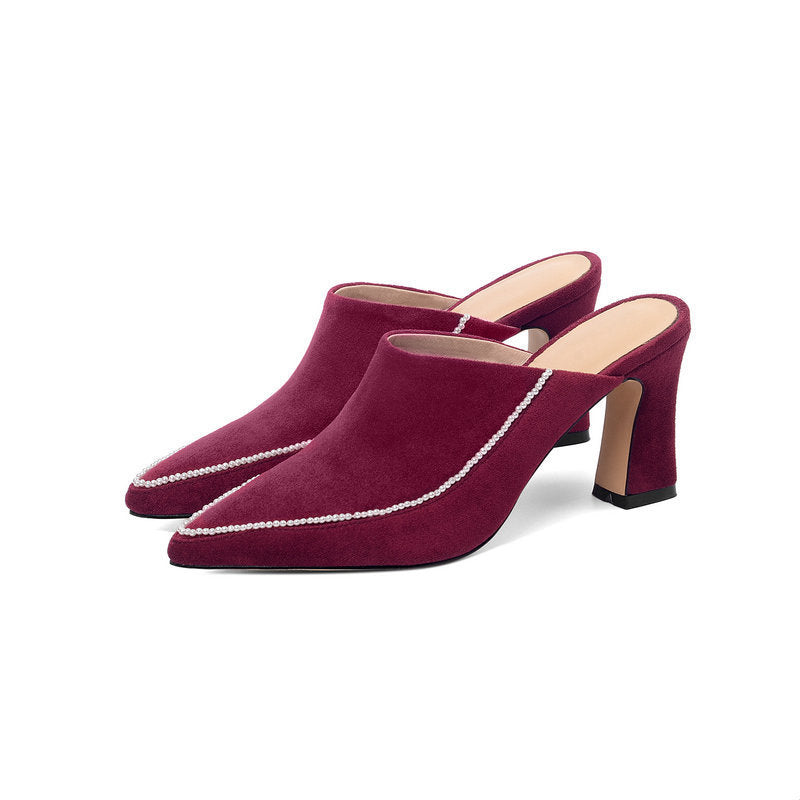 High-heeled Shoes Baotou Half Slippers Women's Outer Wear Half Support Thick-heeled High-heeled Shoes All-match Pointed Toe