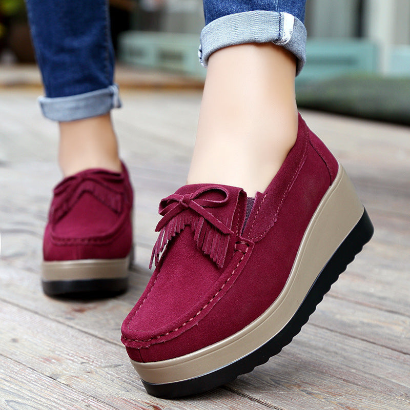 Shoes Casual Slip New Tassel Bow Design Shoes For Woman Fashion Thick Bottom Wedges Shoes Casual Slip On Solid Color Flats