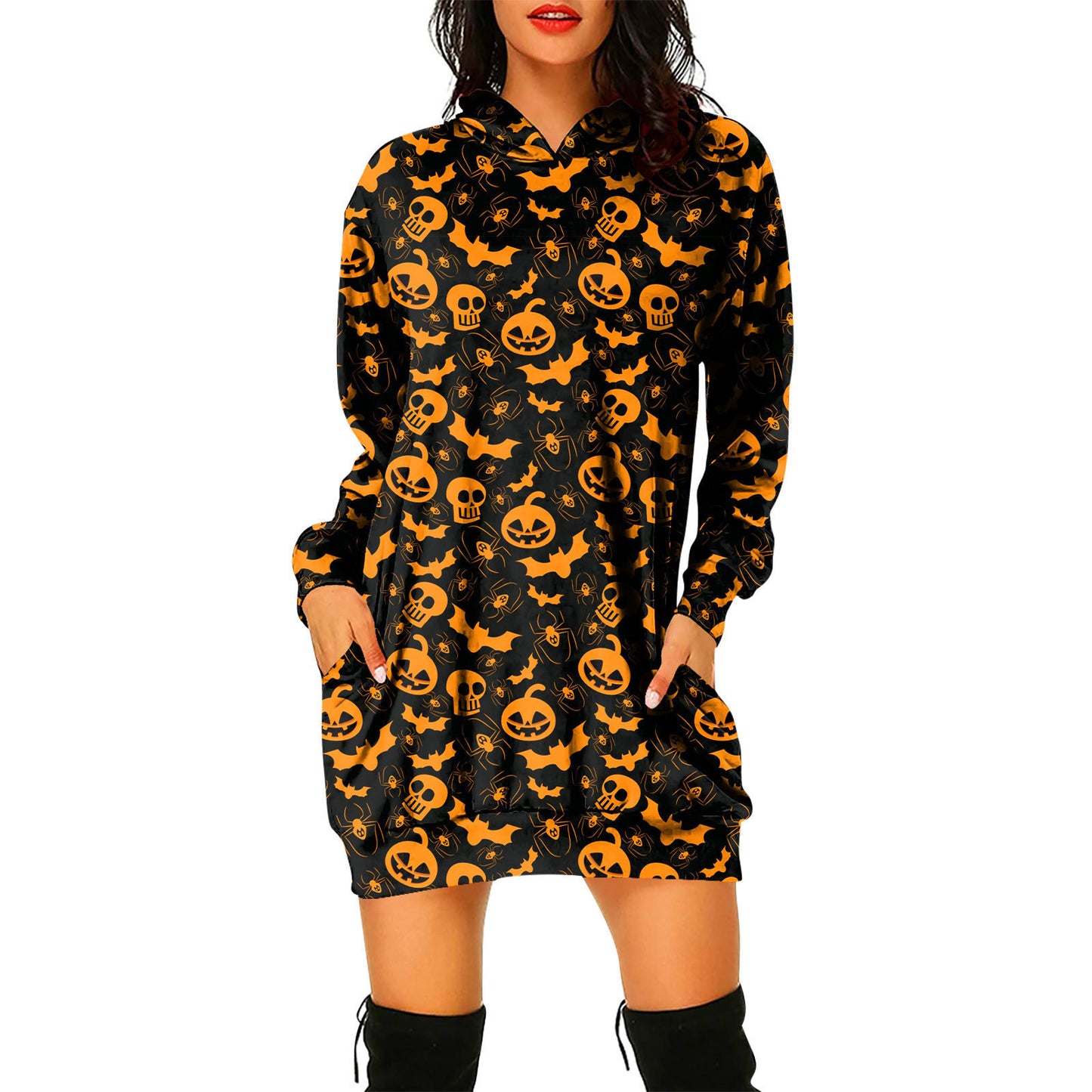 Pullover Hooded Sweater Dress Halloween Theme Women's Pullover Hooded Sweater Dress
