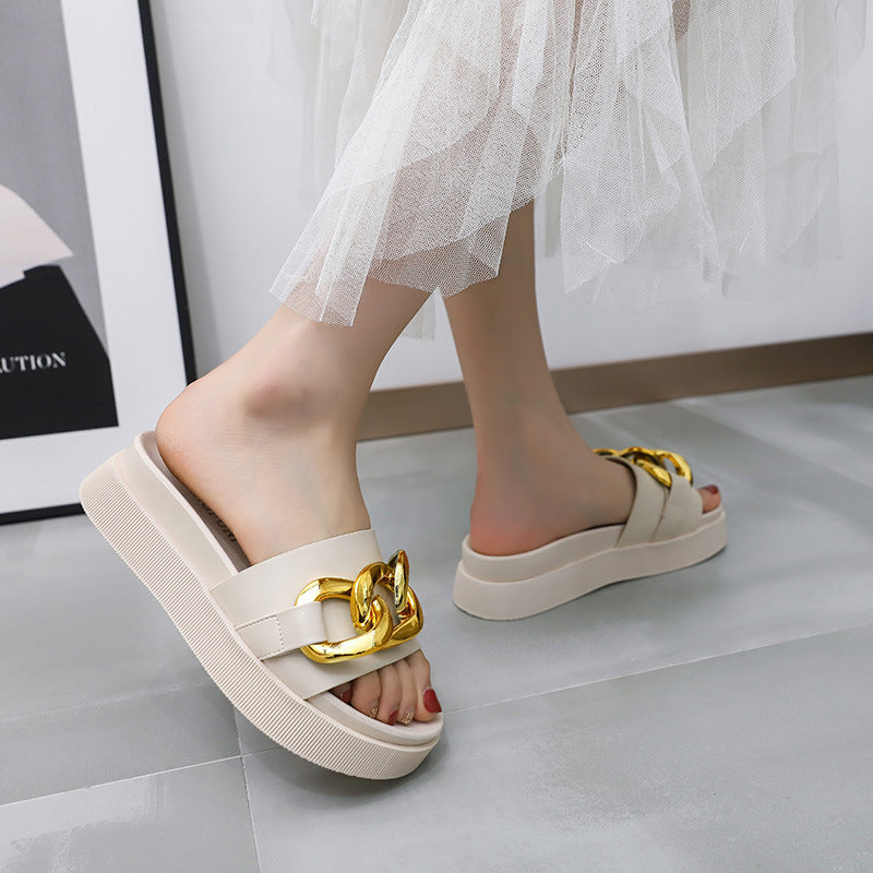 Flat-bottomed Flip-flop Summer New Style Metal Chain Flat-bottomed Lazy Beach Flip-flop Women