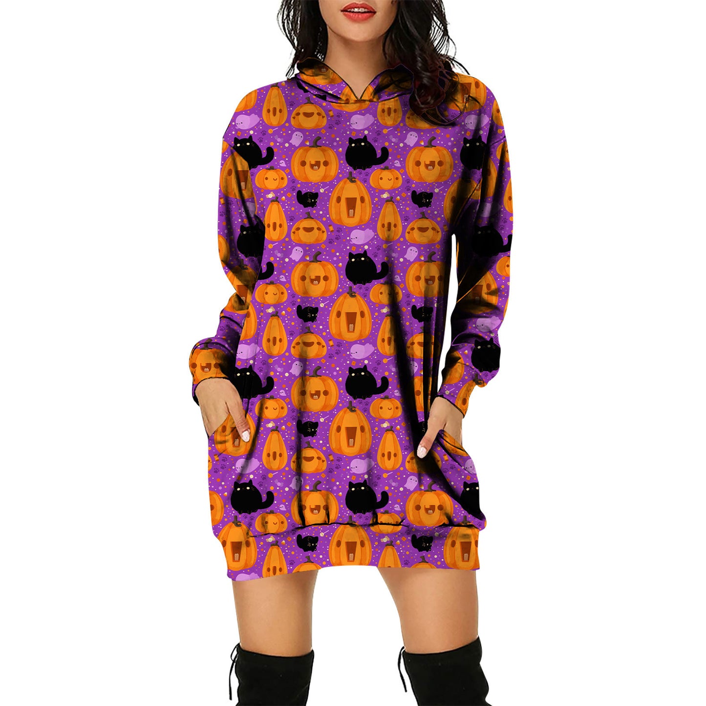 Pullover Hooded Sweater Dress Halloween Theme Women's Pullover Hooded Sweater Dress