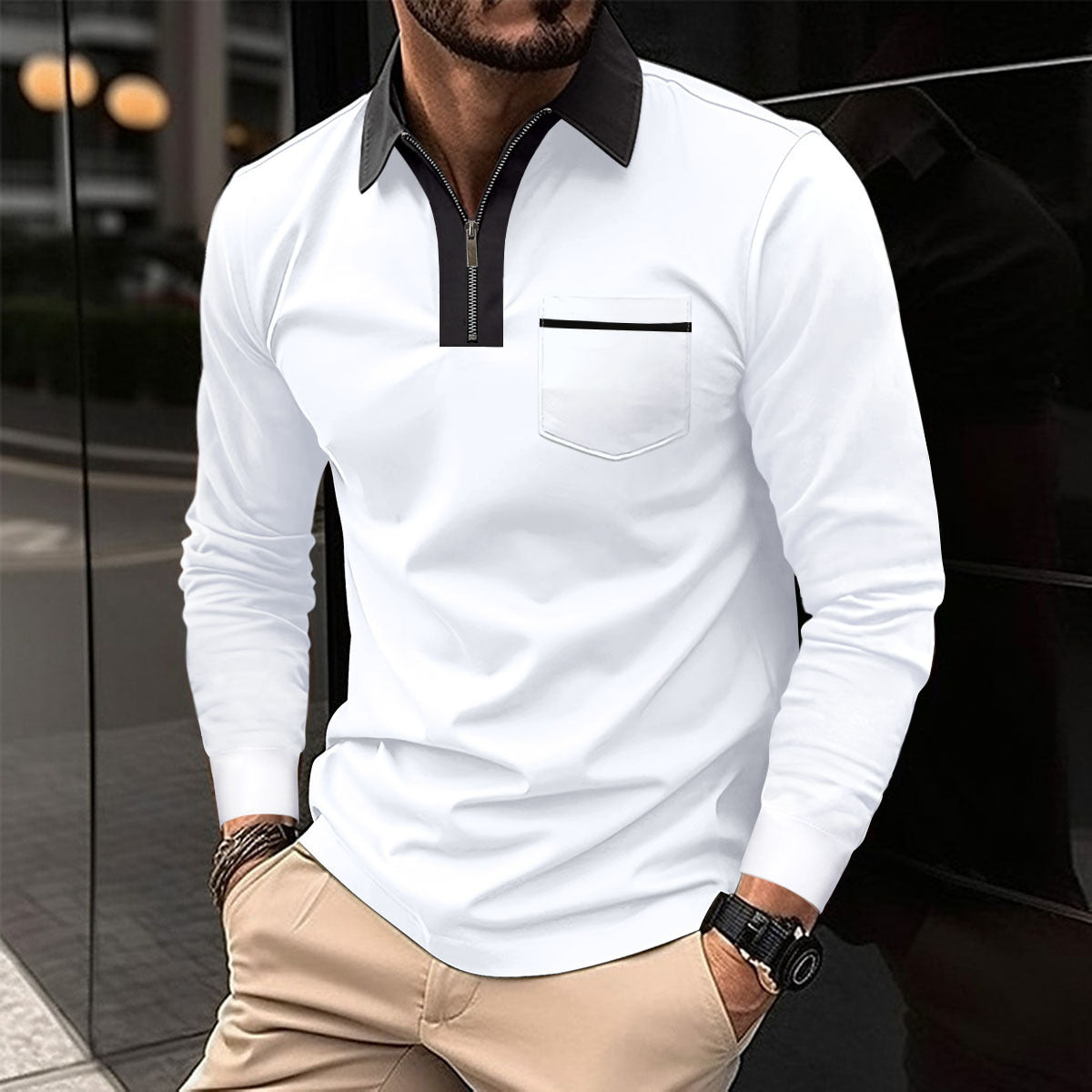 Long Sleeve Lapel Fashion Slim Pocket Long Sleeve T-shirt - sumet.shop