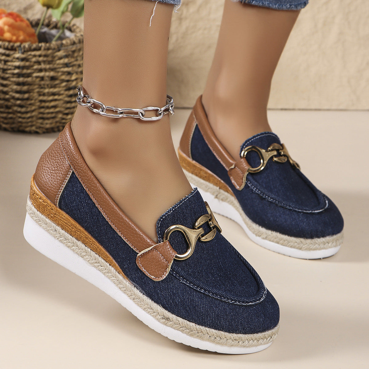 Platform Loafers Loafers Casual Pumps Women's Outer Wear Horsebit Buckle Wedge Platform Loafers Slip-on Lazy Shoes