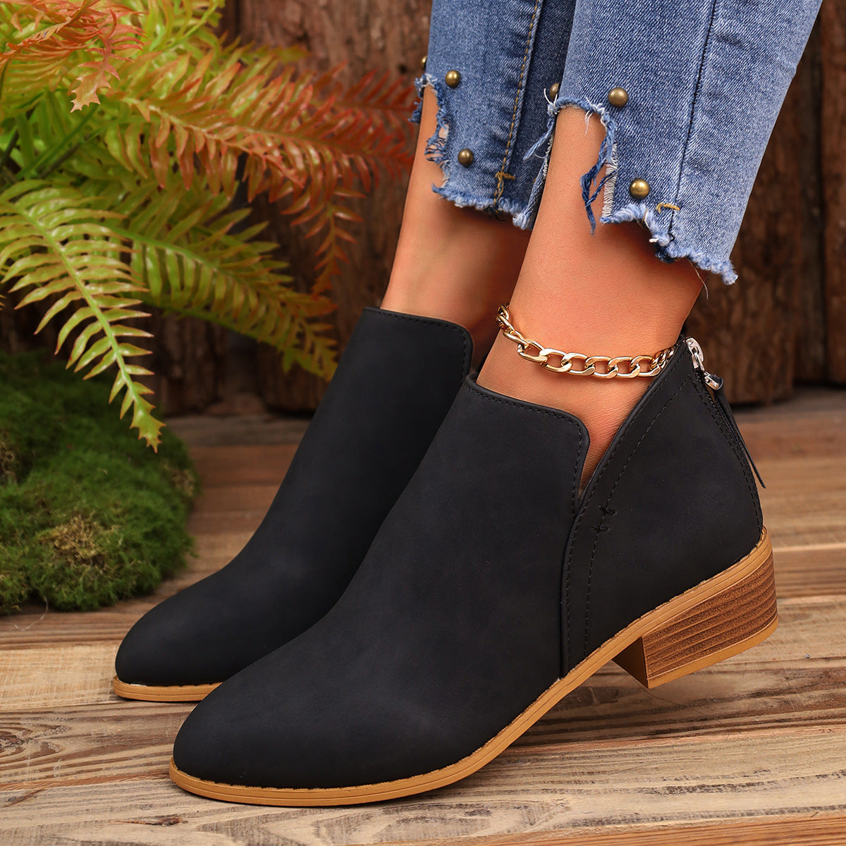 Short Boots For Women Chunky Heel Pointed Toe Ankle Boots With V-cut Design Fashion Fall Winter Short Boots For Women Shoes