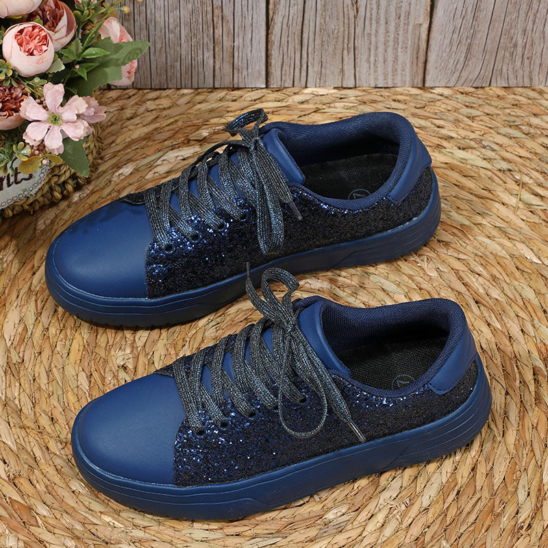 Glitter Lace-up Sneakers Sequin Design Flats Shoes Women Trendy Casual Thick-soled Lace-up Sneakers Fashion Skateboard Shoes