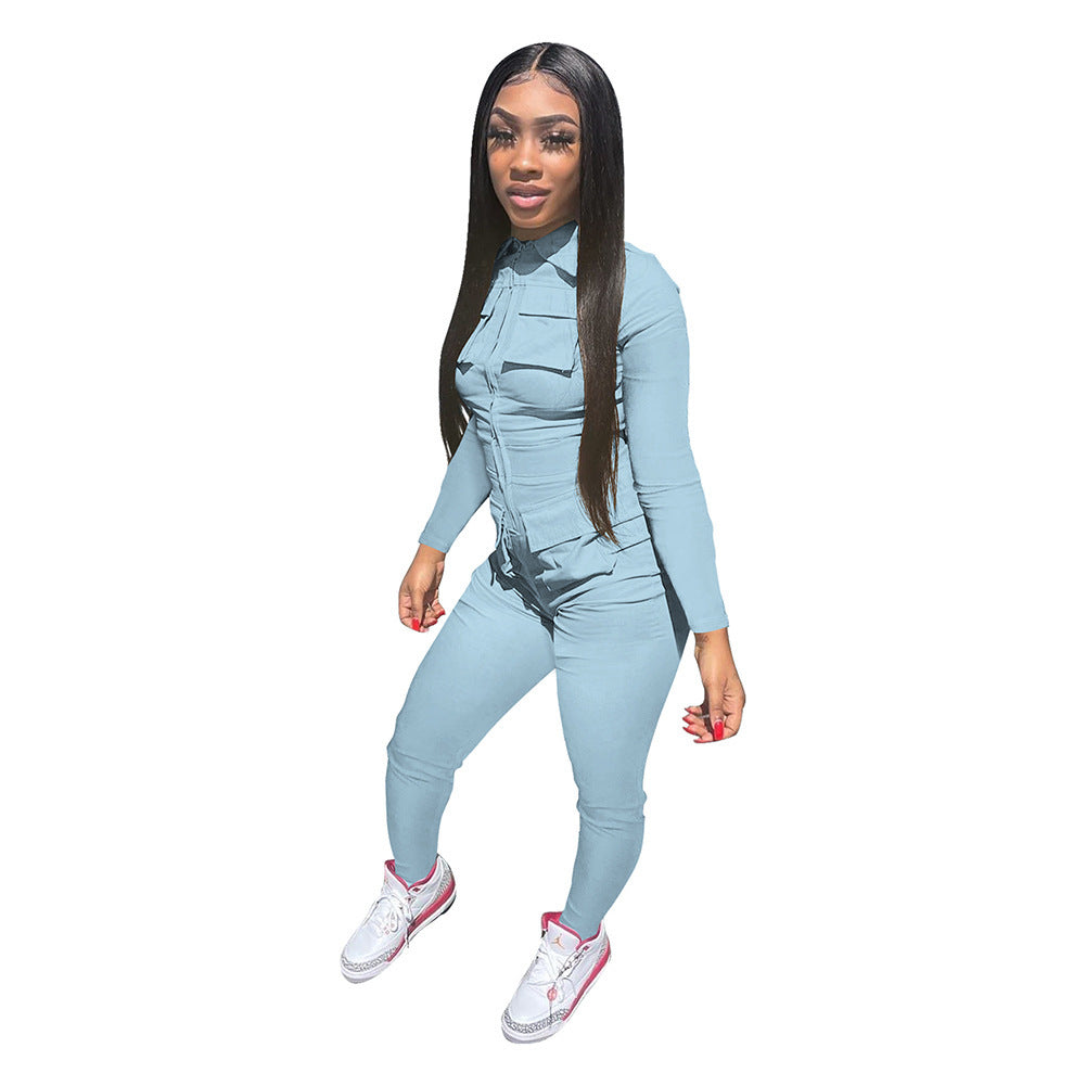 Jumpsuit Solid Color Long Overalls Zipper Pocket Jumpsuit