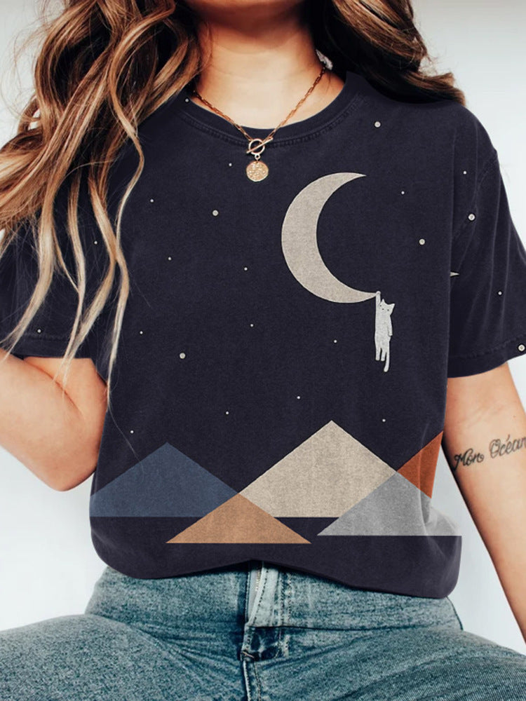 Short Sleeved Shirt Women's Printed Round Neck Pullover Short Sleeved Shirt