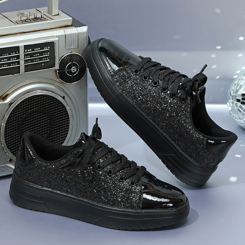 Glitter Lace-up Sneakers Sequin Design Flats Shoes Women Trendy Casual Thick-soled Lace-up Sneakers Fashion Skateboard Shoes