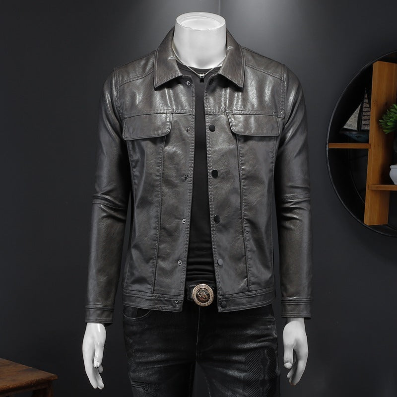 Men's Long-sleeved Lapel Motorcycle Pu Handsome Leather Coat - sumet.shop