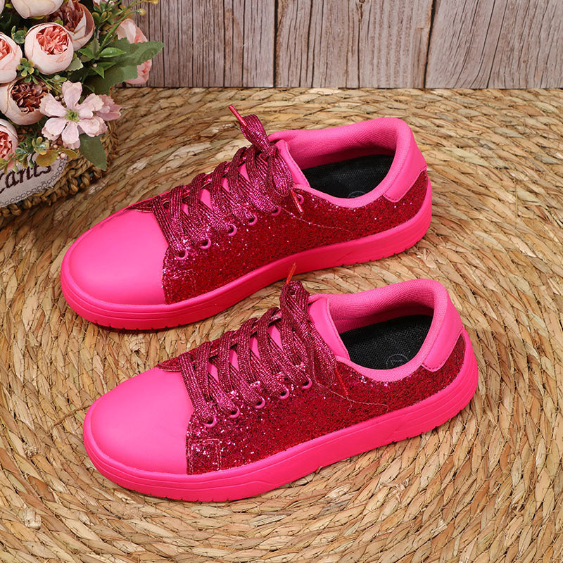 Glitter Lace-up Sneakers Sequin Design Flats Shoes Women Trendy Casual Thick-soled Lace-up Sneakers Fashion Skateboard Shoes
