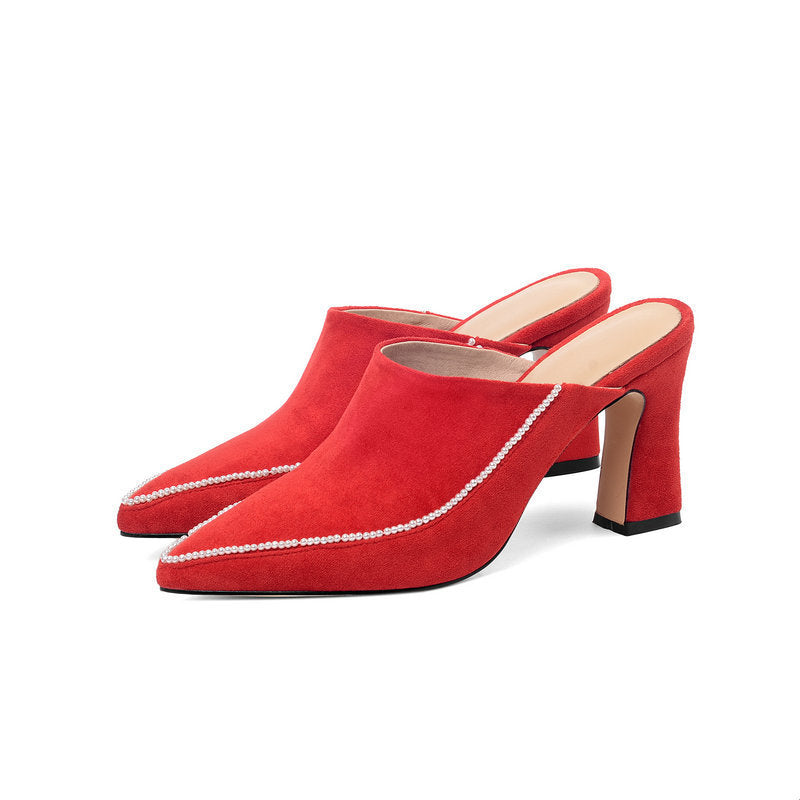 High-heeled Shoes Baotou Half Slippers Women's Outer Wear Half Support Thick-heeled High-heeled Shoes All-match Pointed Toe