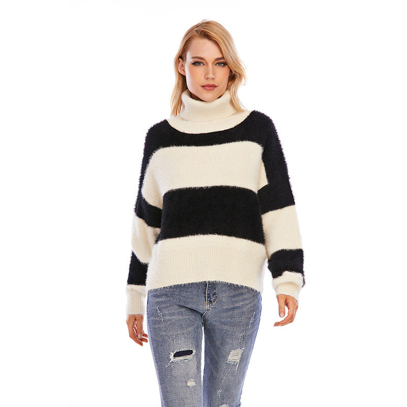 Black And White Striped Women All-match Loose