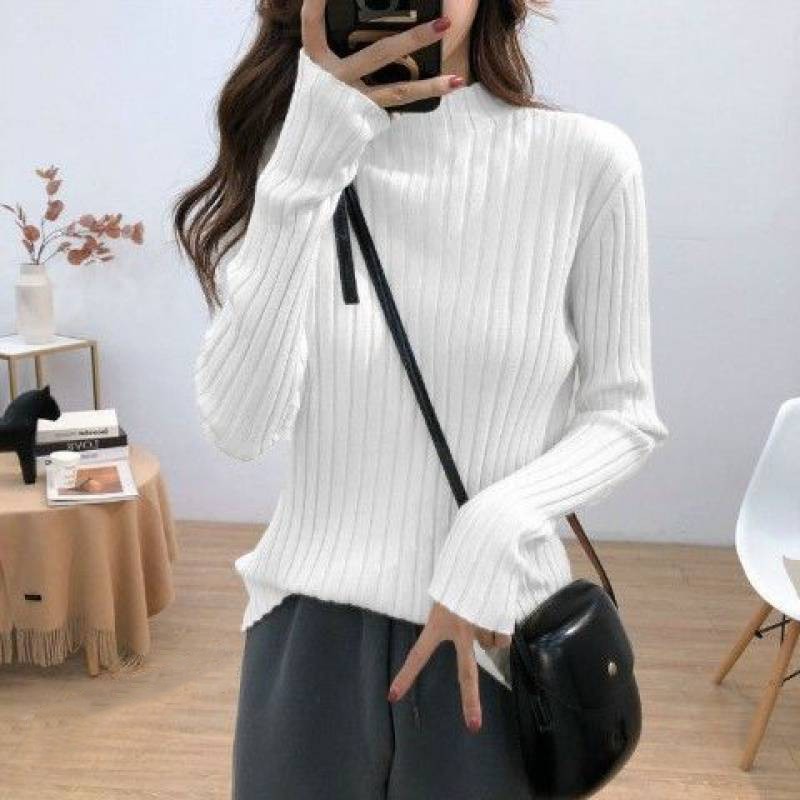 Women's Half High Collar White Knitting Top