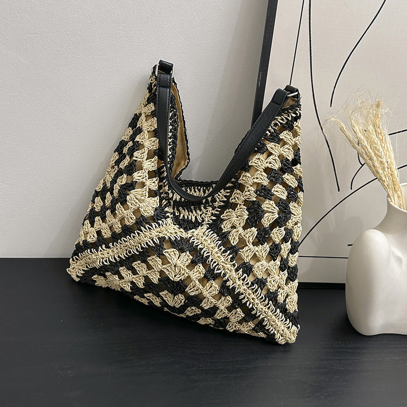 Shoulder Bag Women's Fashion Handmade Straw Woven Hollow Contrast Color Weave Shoulder Bag