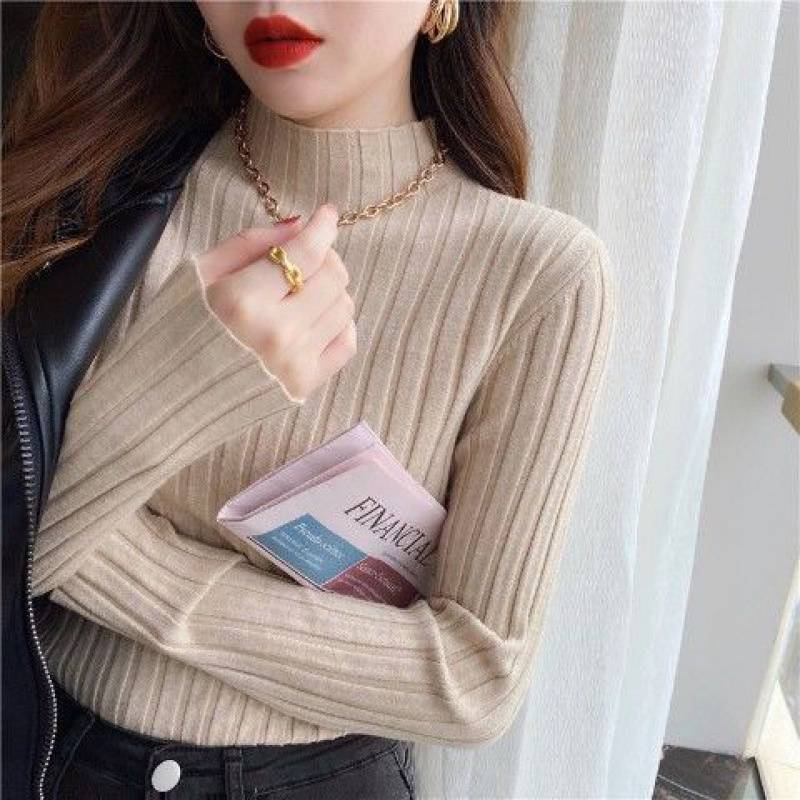 Women's Half High Collar White Knitting Top
