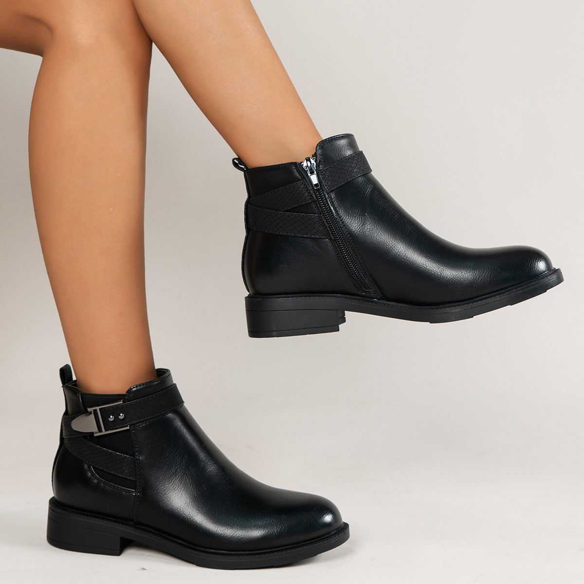 Ankle Boots Chelsea Boots Women Black Ankle Boots Side Zipper Buckle Shoes