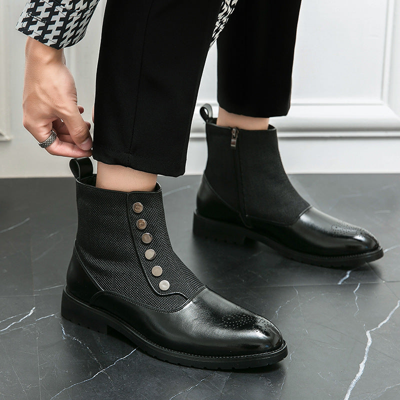 Casual Men's Leather Shoes Cloth Stitching High Top Wild British Martin Casual Men's Leather Shoes