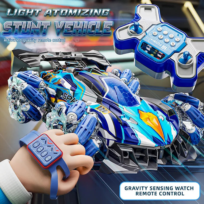 Stunt Remote Control Car F1 RC Gesture Sensing Stunt Remote Control Car Light Music Four-Wheel Drive Off-Road Racing Toy Simulated Spray Children's Toy Gift