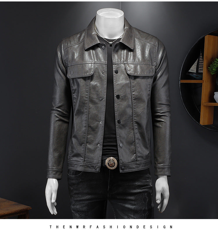 Men's Long-sleeved Lapel Motorcycle Pu Handsome Leather Coat - sumet.shop