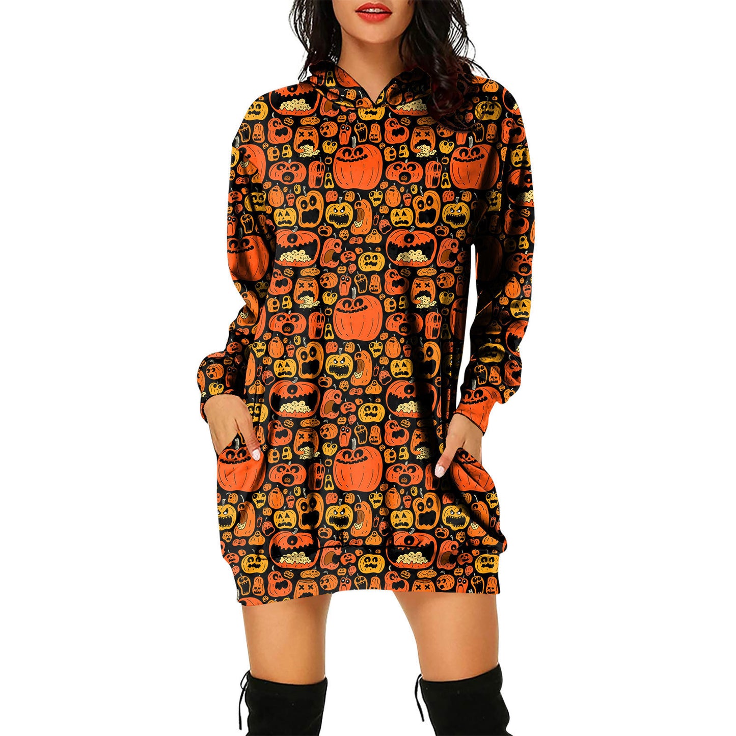 Pullover Hooded Sweater Dress Halloween Theme Women's Pullover Hooded Sweater Dress