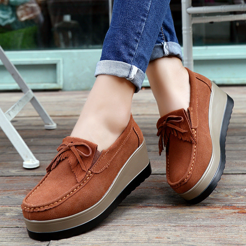 Shoes Casual Slip New Tassel Bow Design Shoes For Woman Fashion Thick Bottom Wedges Shoes Casual Slip On Solid Color Flats