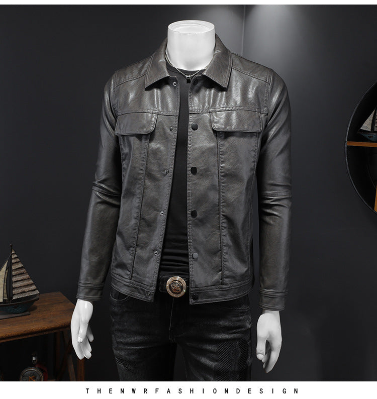 Men's Long-sleeved Lapel Motorcycle Pu Handsome Leather Coat - sumet.shop