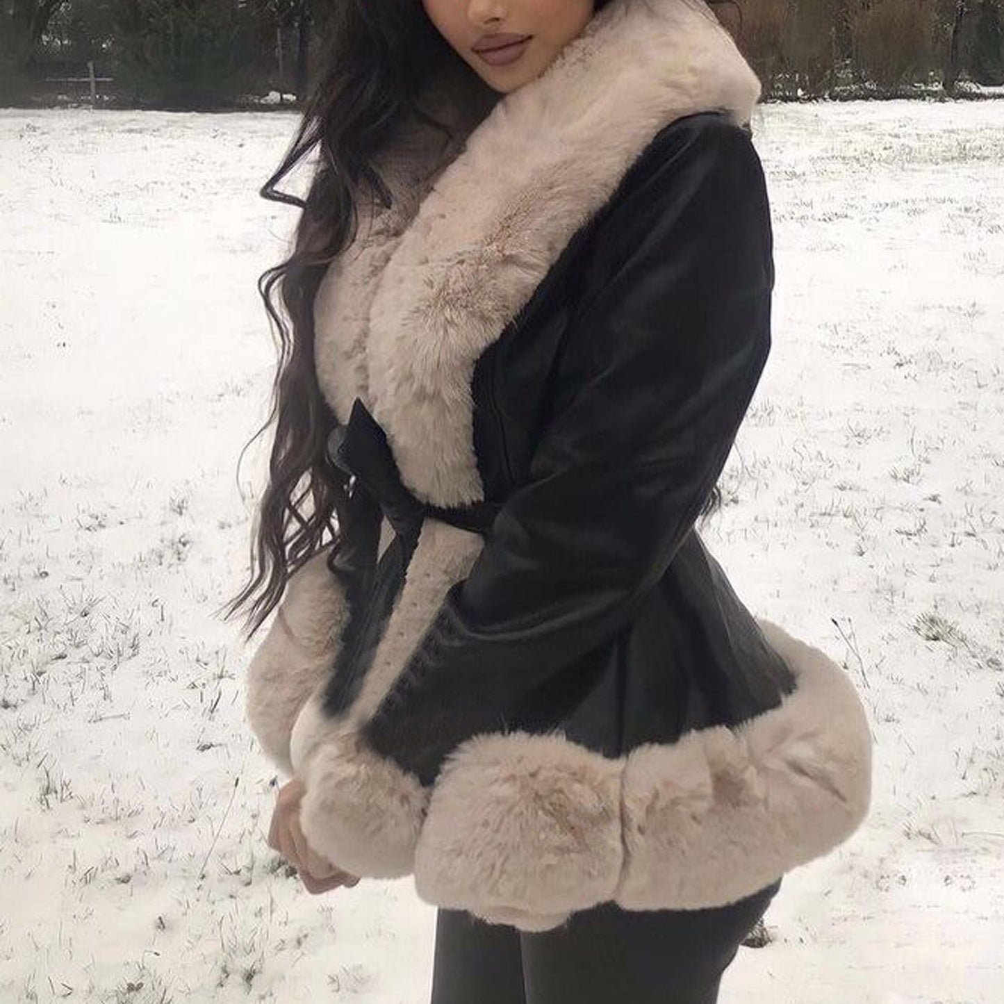 Leather Coat Women's Graceful And Fashionable Fur Collar Lace-up Waist Leather Coat