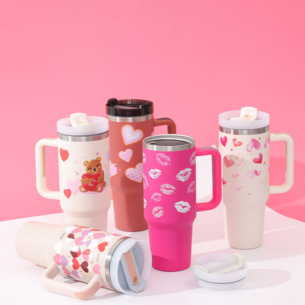 Vacuum Coffee Cup 40 Oz Tumbler With Handle Straw Insulated, Stainless Steel Spill Proof Vacuum Coffee Cup Tumbler With Lid Tapered Mug Gifts For Valentine Lover Suitable For Car Gym Office Travel