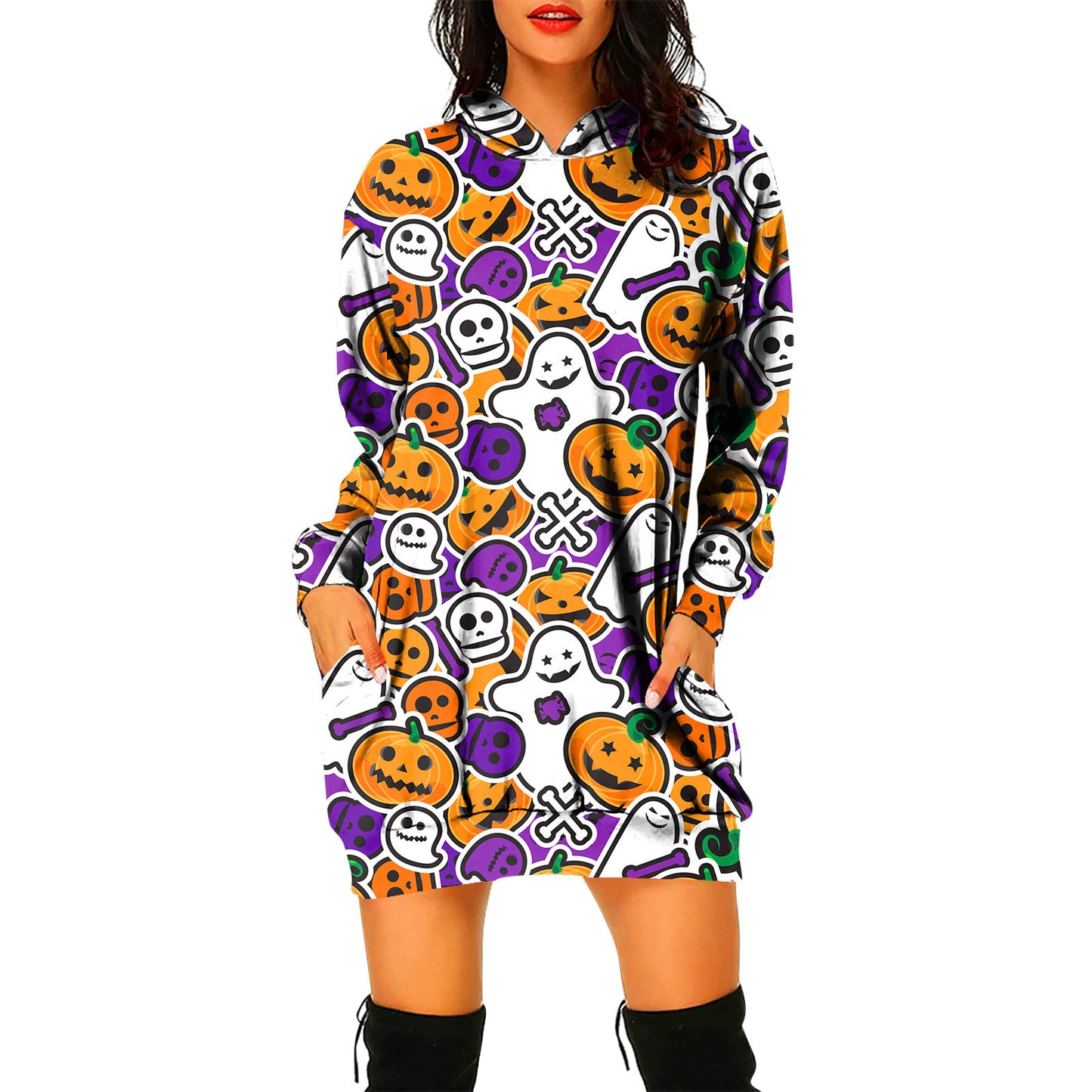 Pullover Hooded Sweater Dress Halloween Theme Women's Pullover Hooded Sweater Dress