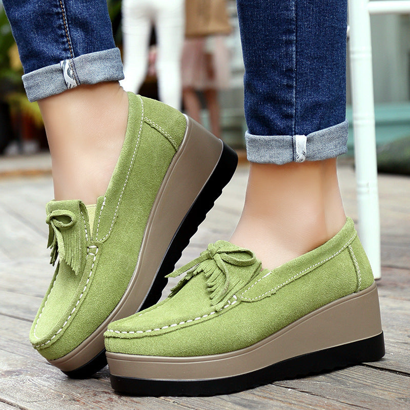 Shoes Casual Slip New Tassel Bow Design Shoes For Woman Fashion Thick Bottom Wedges Shoes Casual Slip On Solid Color Flats