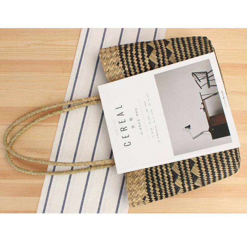 Shoulder Handbag Natural Mat Grass Woven Open Shoulder Handbag