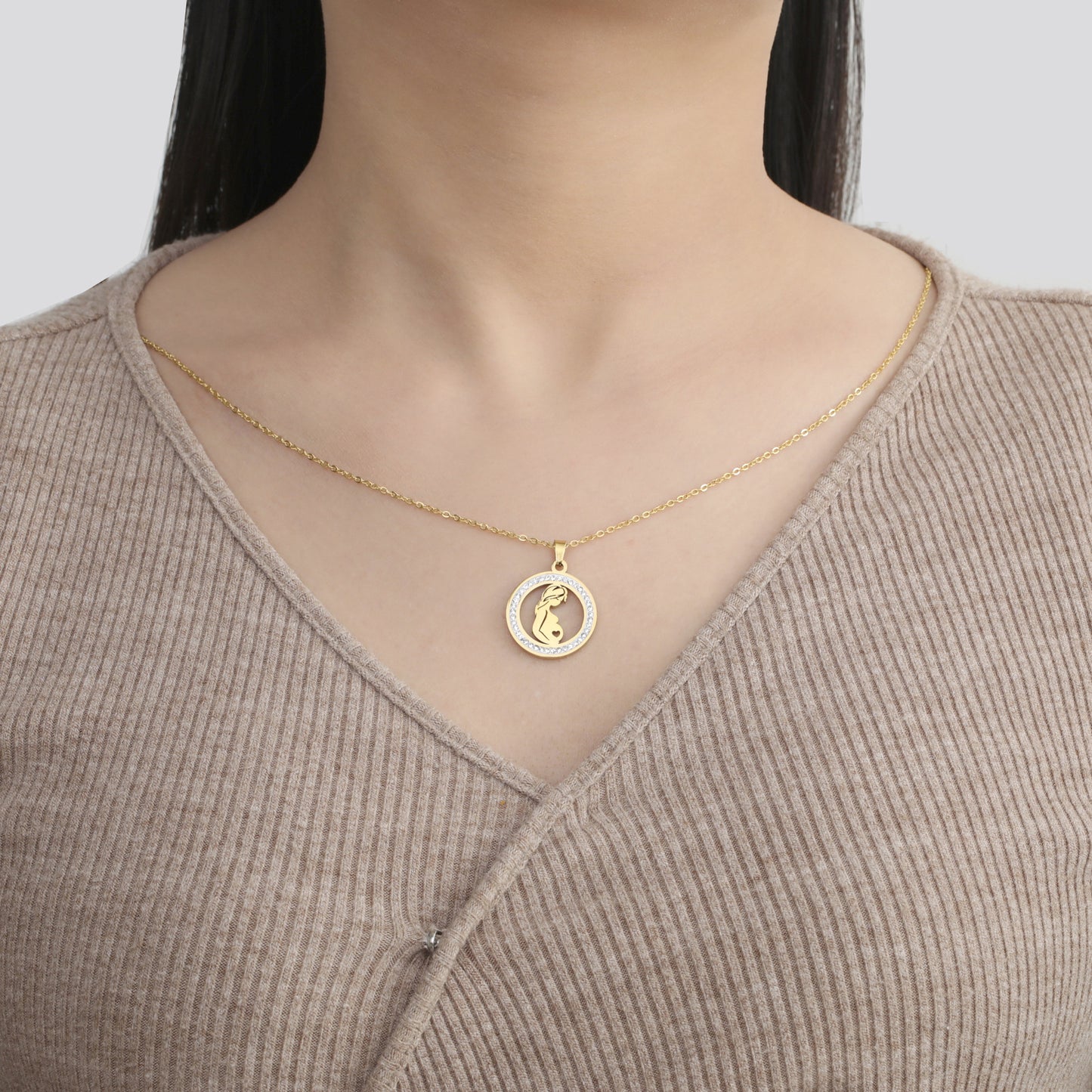 Transparent Zircon Round Pendant Necklace Stainless Steel