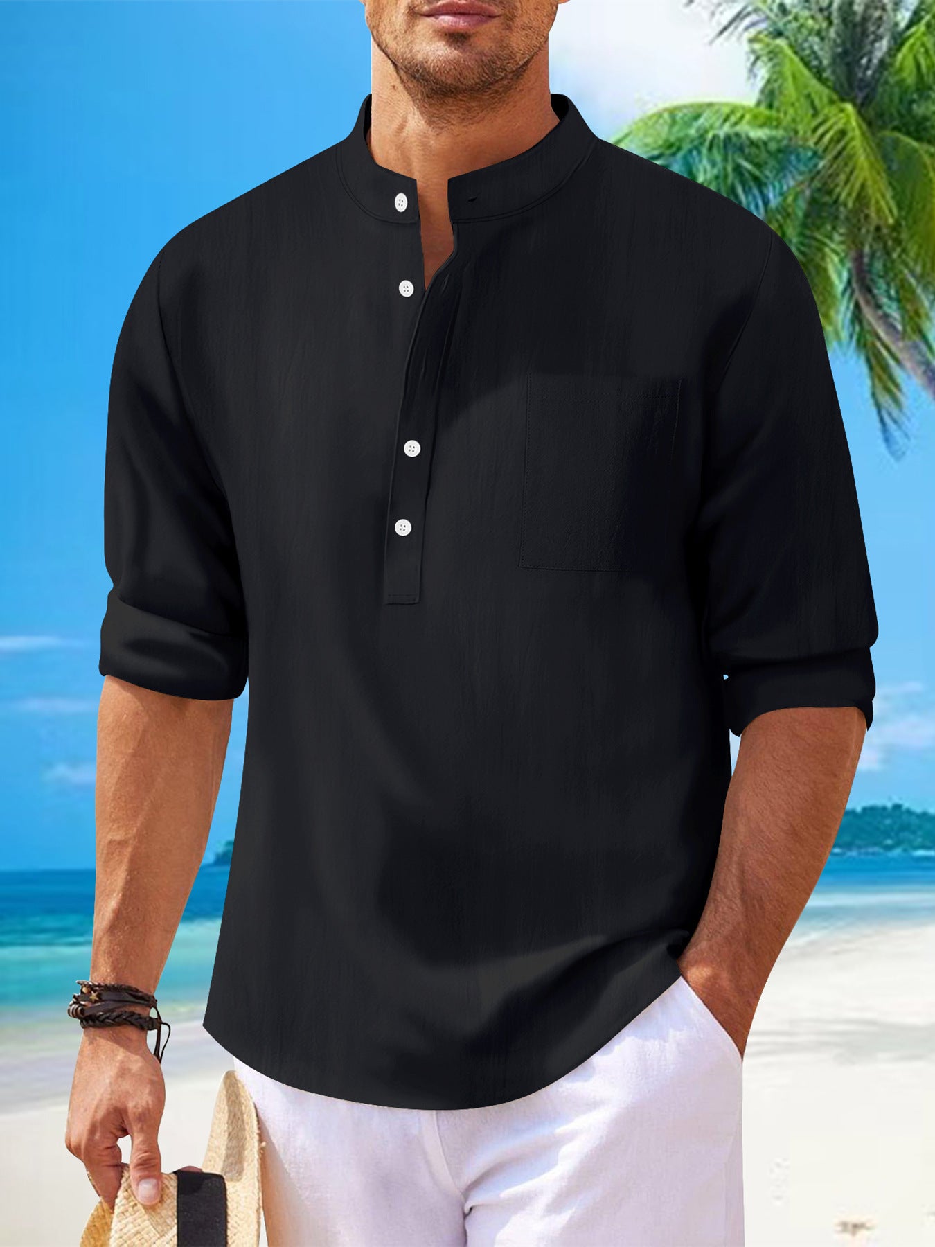 Men's Cotton Shirt And Linen Stand Collar Long Sleeve Shirt