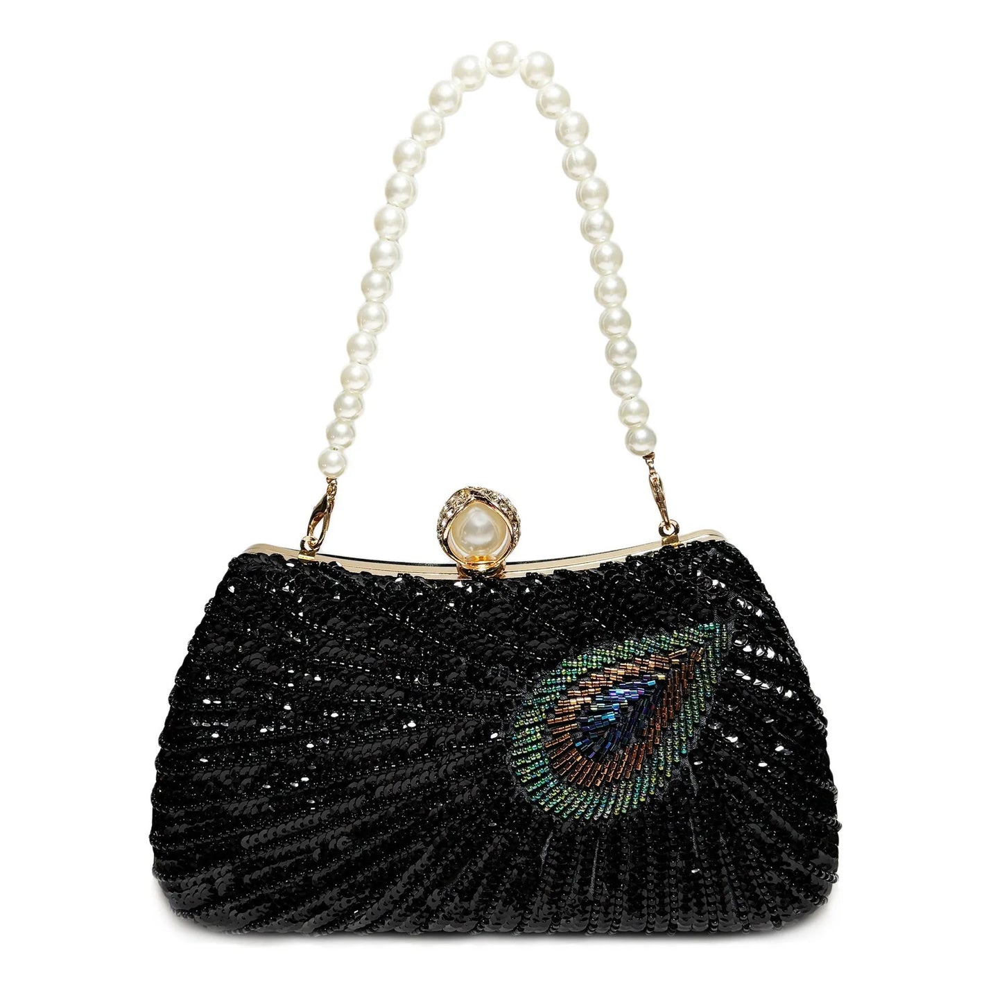 Beaded Peacock Feather Shoulder Bag Large Pearl Rhinestone Large Capacity Crossbody Shoulder Bag