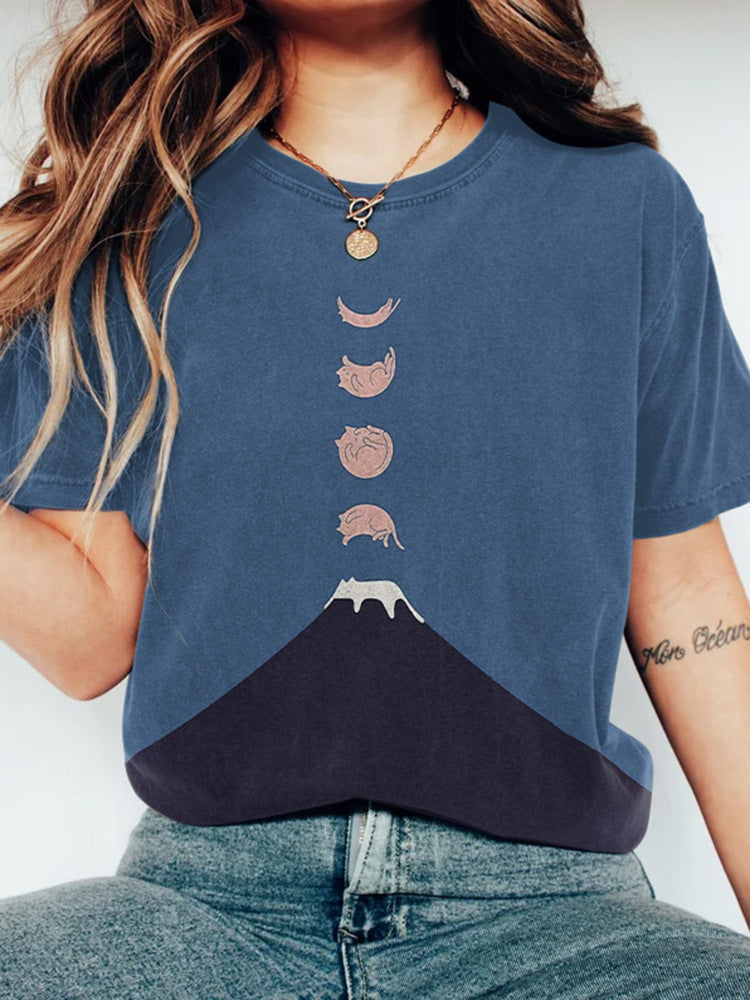 Short Sleeved Shirt Women's Printed Round Neck Pullover Short Sleeved Shirt
