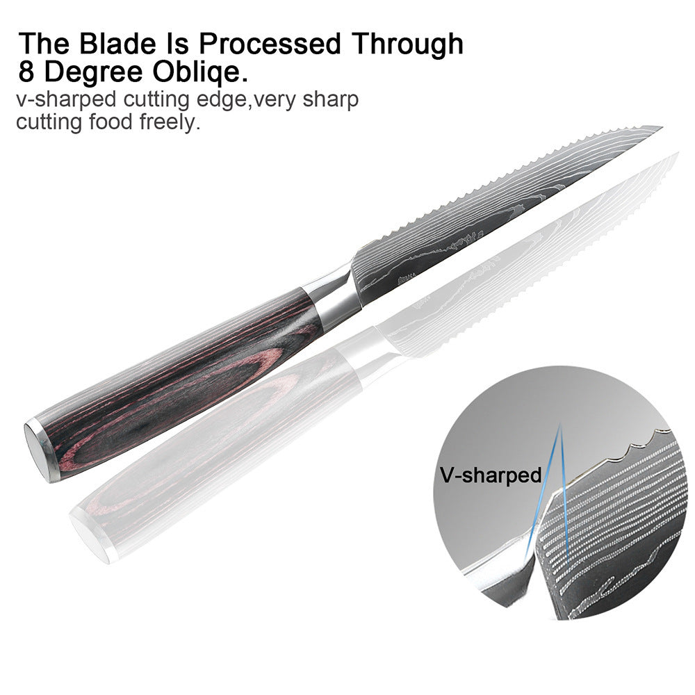 Steak Knife Western Steak Knife Damascus Pattern Stainless Steel Serrated Knife