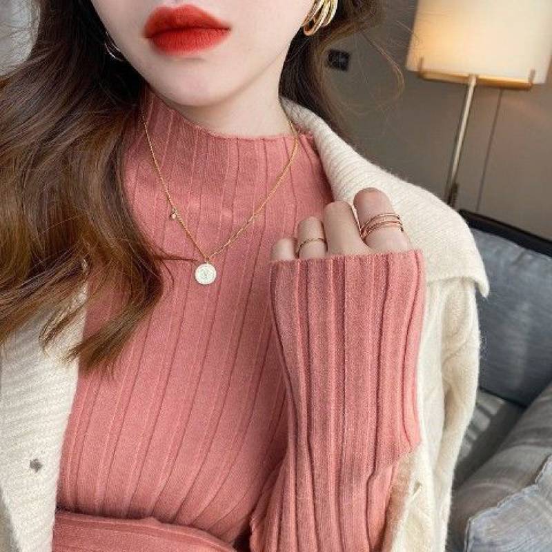 Women's Half High Collar White Knitting Top