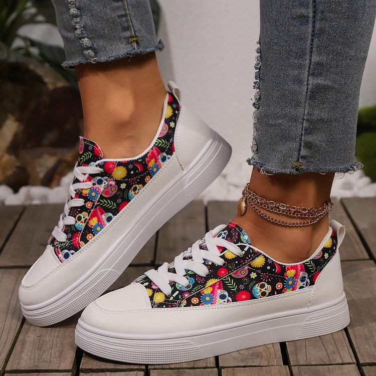 Shoes For Women Halloween Skull Print Lace-up Canvas Shoes For Women Fashion Breathable Versatile Flats Student Casual Shoes