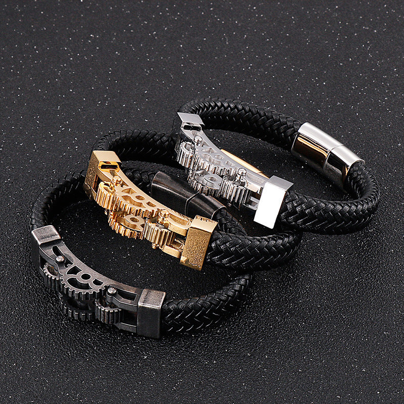 Men's Titanium Steel Motorcycle Gear Braided Leather Bracelet