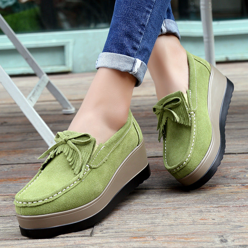 Shoes Casual Slip New Tassel Bow Design Shoes For Woman Fashion Thick Bottom Wedges Shoes Casual Slip On Solid Color Flats