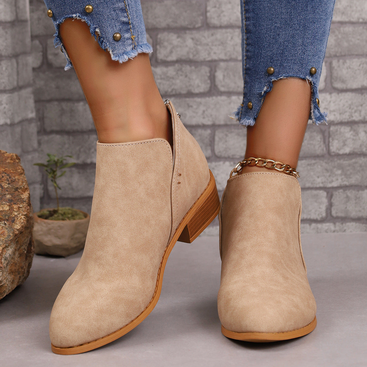Short Boots For Women Chunky Heel Pointed Toe Ankle Boots With V-cut Design Fashion Fall Winter Short Boots For Women Shoes