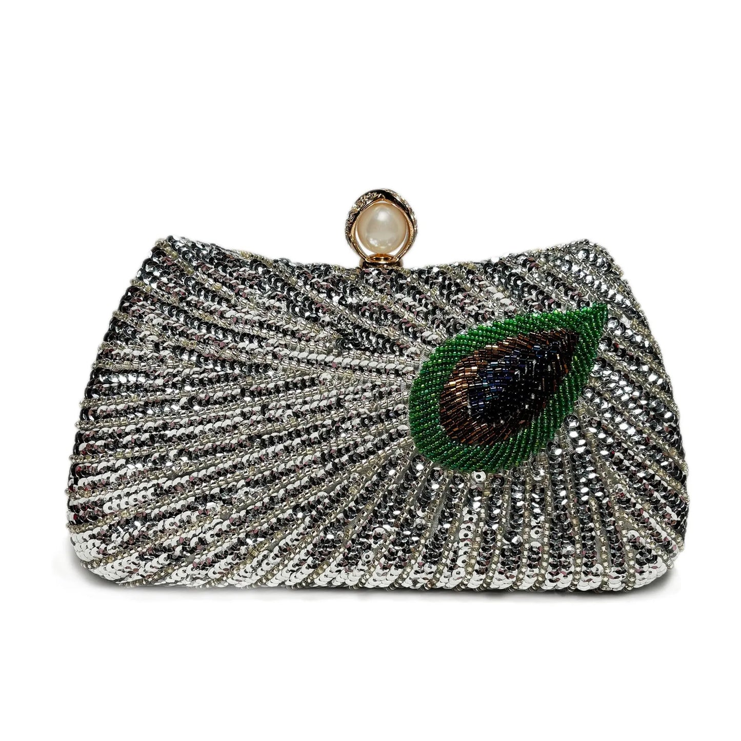 Beaded Peacock Feather Shoulder Bag Large Pearl Rhinestone Large Capacity Crossbody Shoulder Bag