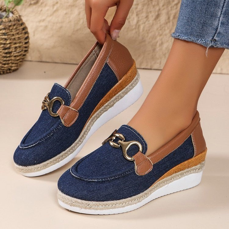 Platform Loafers Loafers Casual Pumps Women's Outer Wear Horsebit Buckle Wedge Platform Loafers Slip-on Lazy Shoes