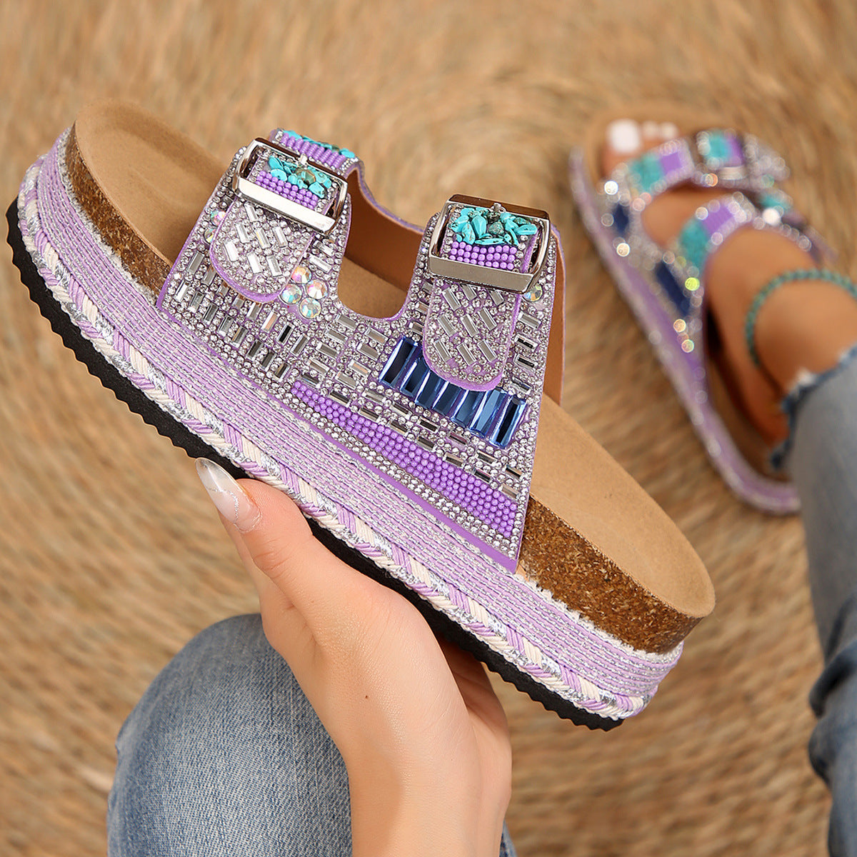 Thick Bottom Slippers Hemp Rope Double Buckle Rhinestone Cork Beach Flat Slippers