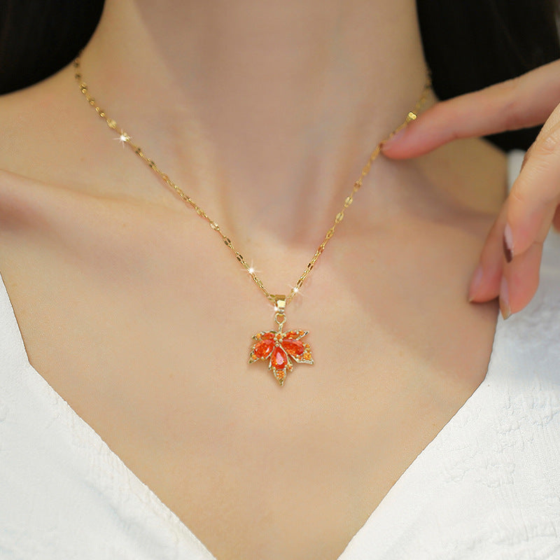 Steel Necklace Red Maple Leaf Light Chain Titanium